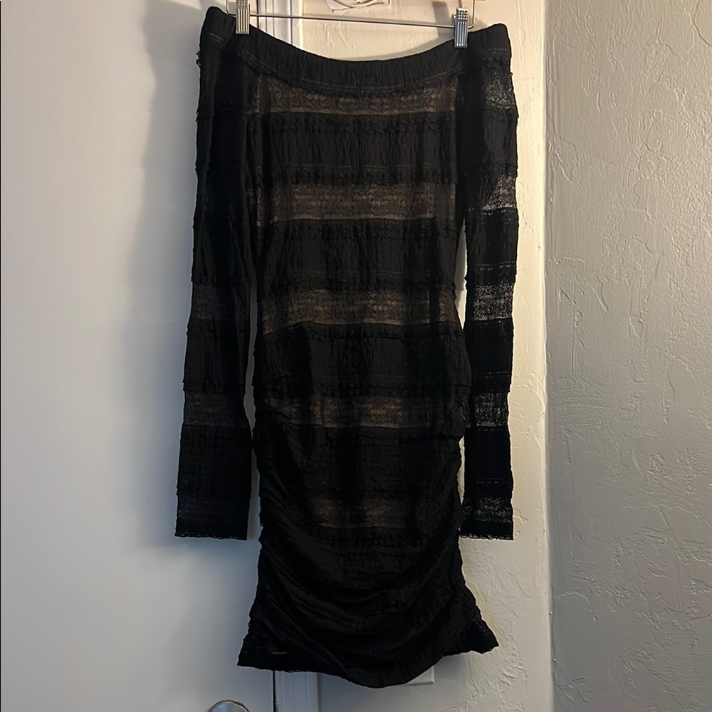 Elegant Black lace off the shoulder  Ruched dress